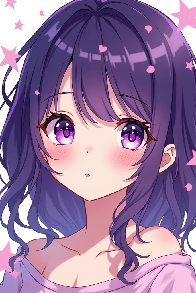 Girl with purple hair and purple eyes, but with bangs on her forehead and looking youthful. It's perfect, but I want her to look like she's drawn in a Korean manhwa style.