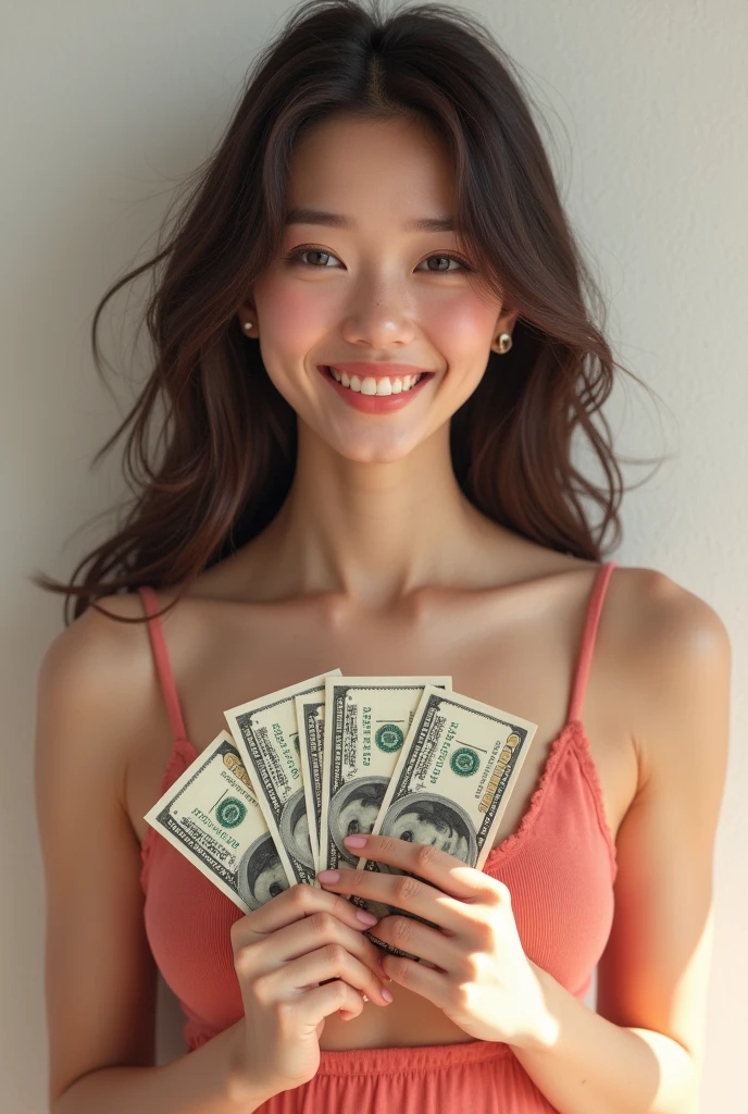 Create an image of an 18-year-old Asian female, holding money in her hand, with a cute and smiling face. The image is full-body, slightly revealing, youthful, and realistic.