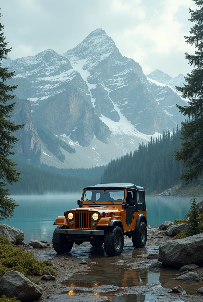 A jeep on lake with mountain and rain and people