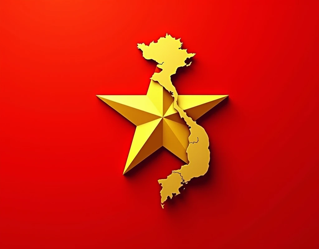 Vietnamese national flag combined with the map of Vietnam
I want it to be the national flag shape
Red background , The yellow star and the map are combined to be small and harmonious. The star is in relief while the map is more blurred and lighter. The star is 3D style. The map is a bit more minimalistic.