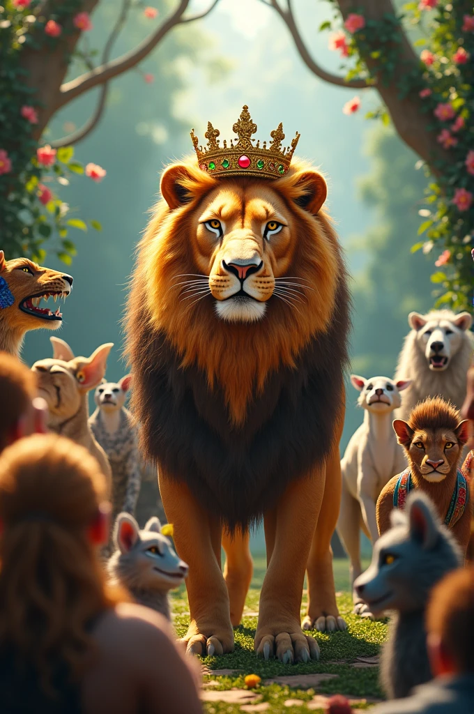 Shere: Depict a majestic lion with a crown, roaring proudly in a jungle setting. Show him as the center of attention at the party.