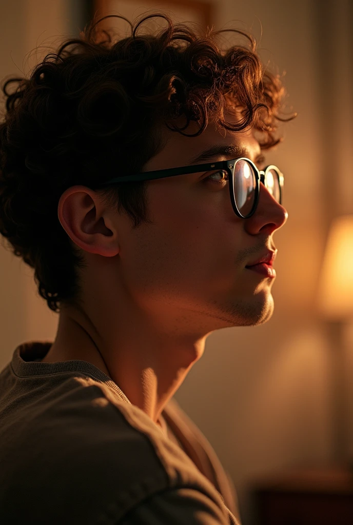Design a visually appealing photograph of a young man with curly hair and glasses, That conveys a feeling of longing and affection. The image should portray the man lost in thought, With a subtle expression that suggests he is thinking about the love of his life. The background should be blurred or soft, To emphasize the intimacy of the moment. In the caption or thought bubble, Write a verse that reflects the man's thoughts. The poem should read as follows: “Every night I think about being with the love of my life. Even though you are far away, I feel you are here. Between screens and words, “Love is made, Even miles away, You bring me peace”. The poem should be presented in a cursive and clean font, With a subtle glow or shimmer effect to convey the emotions and sentimental value. The overall aesthetic should be warm, Comforting and characteristic of a romantic and intimate moment.” This modified suggestion provides a clear and concise description of the intended image, Including the details of the theme, The scenery and the tone. 