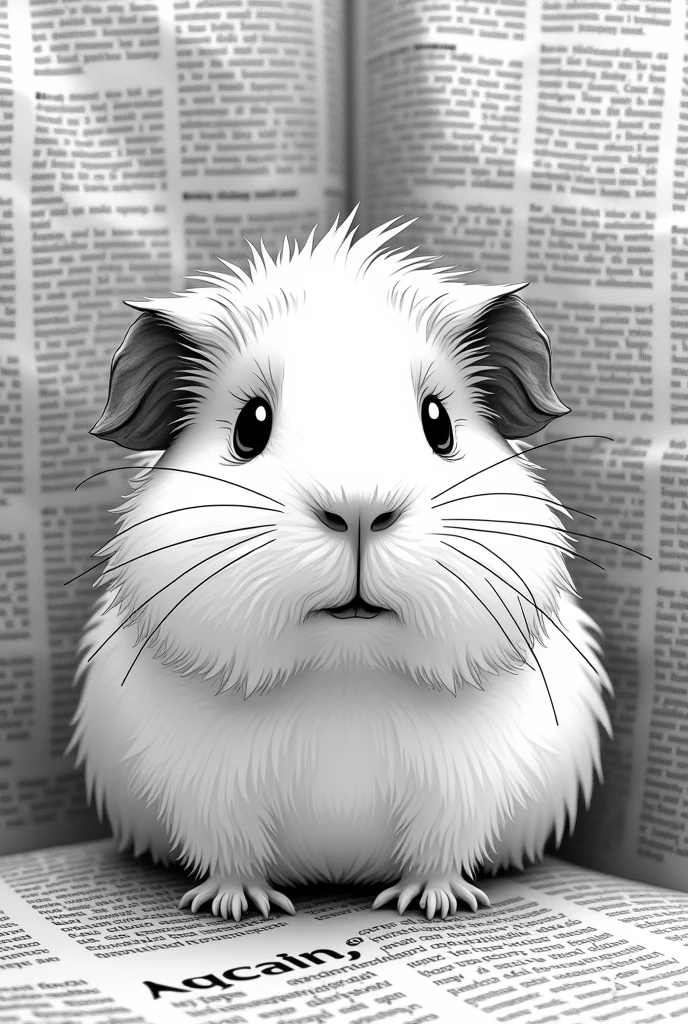 A guinea pig in front of a newspaper as a background in black and white