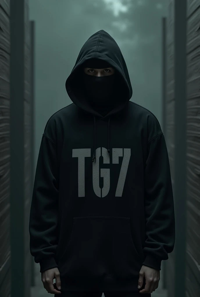 A young man wearing a long black hooded sweatshirt and a balaclava,The blouse says TG7.