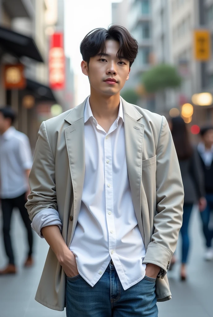 A Korean man standing in a street white shirt jeans pant and jacket, very Short hair, 1 inch hair, short Comma hairstyle