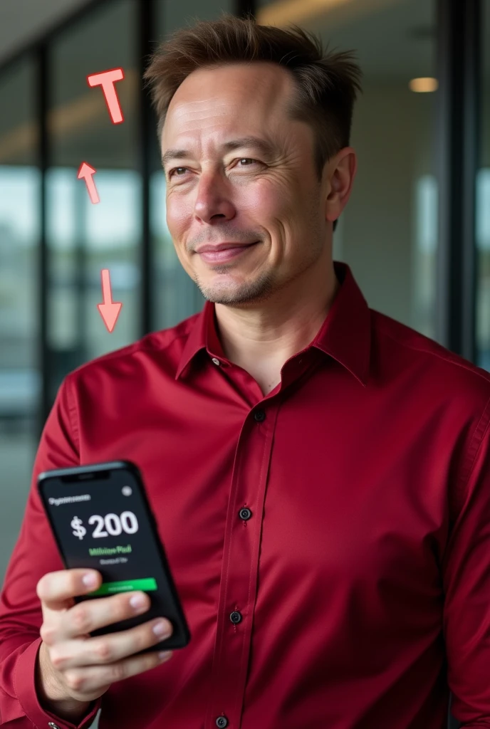 Individual:
The person Elon Musk .
He is  wearing a Red shirt .
Smartphone:
The individual is holding a smartphone.
The phone screen displays a payment notification for $200 Million.
The notification is marked as “Paid.”
Text:
At the top of the image, the words “Monthly INCOME” are written in bold capital letters.
The payment notification on the phone screen includes the text “Payment received” and “$200 Million Paid.”
Graphics:
Red arrows are pointing towards the phone screen, drawing attention to the payment notification.
Background:
The background suggests an office setting, but the details are blurred out