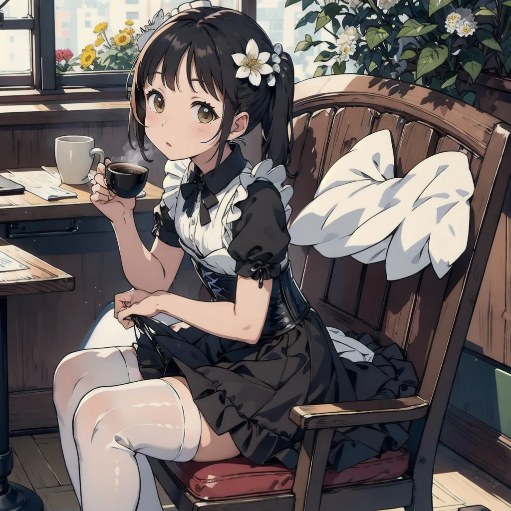 Sitting on a chair with a coffee cup in hand、Black maid dress with a white skirt, White Stockings, Tight corset、Black pumps、Flower Hair Ornaments、(solo:1.5)