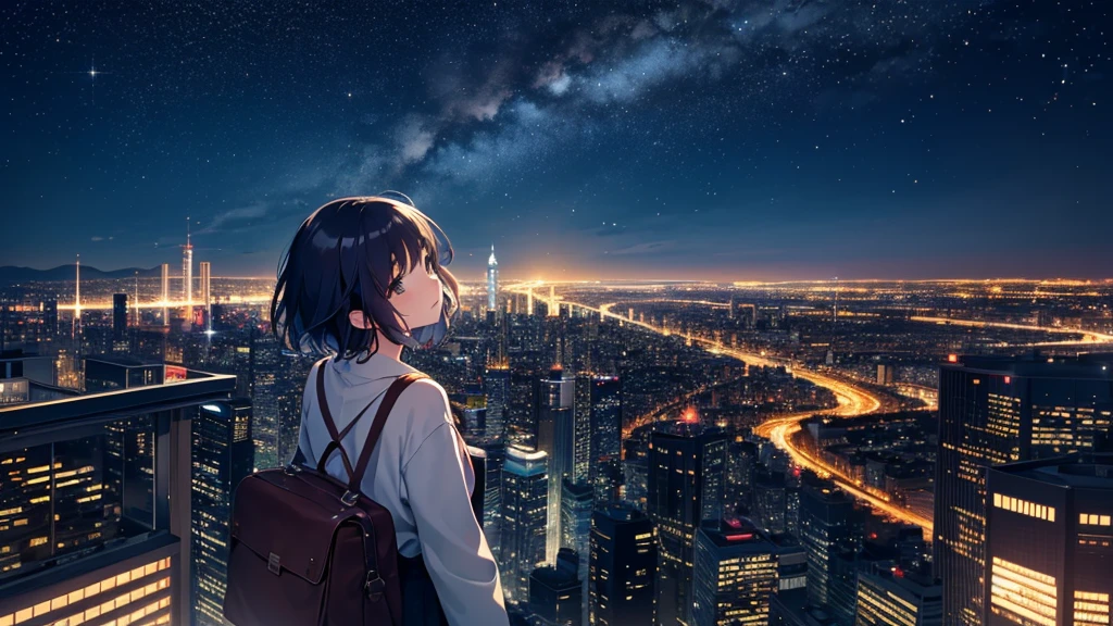 A beautiful cityscape viewed from a high vantage point under a vast starry sky. A girl is looking up at the star-filled night sky, listening to music. The scene should have a Studio Ghibli-inspired style, with a dreamy, whimsical atmosphere. The image should be in a 16:9 aspect ratio.