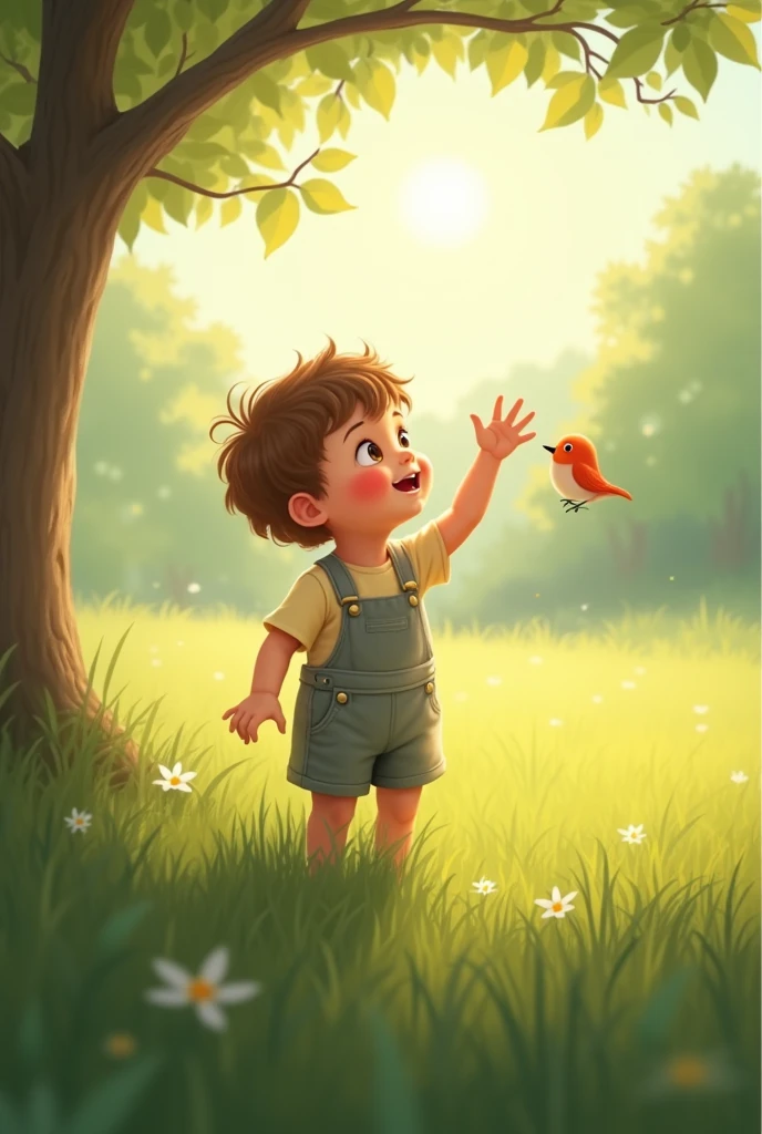 cute ,rais his hand,standing on grass,seeing little bird at first time 
 