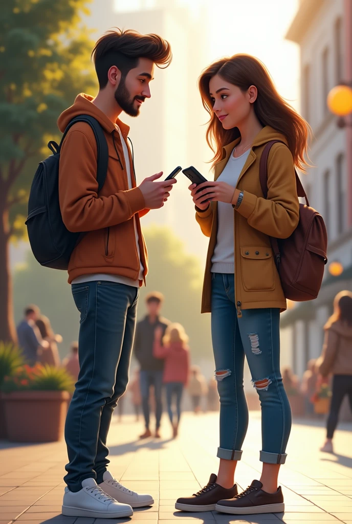 Create a digital image of a visually appealing and realistic scene that depicts two young couples, each composed of a man and a woman, Standing or sitting together, talking while using their mobile phones. Couples should be dressed in modern and casual attire, suitable for a contemporary environment. Make sure the image is of high quality, well lit and visually appealing. The focus should be on the couples' facial expressions, in body language and the devices they are using to convey a sense of conversation and connectivity.”
