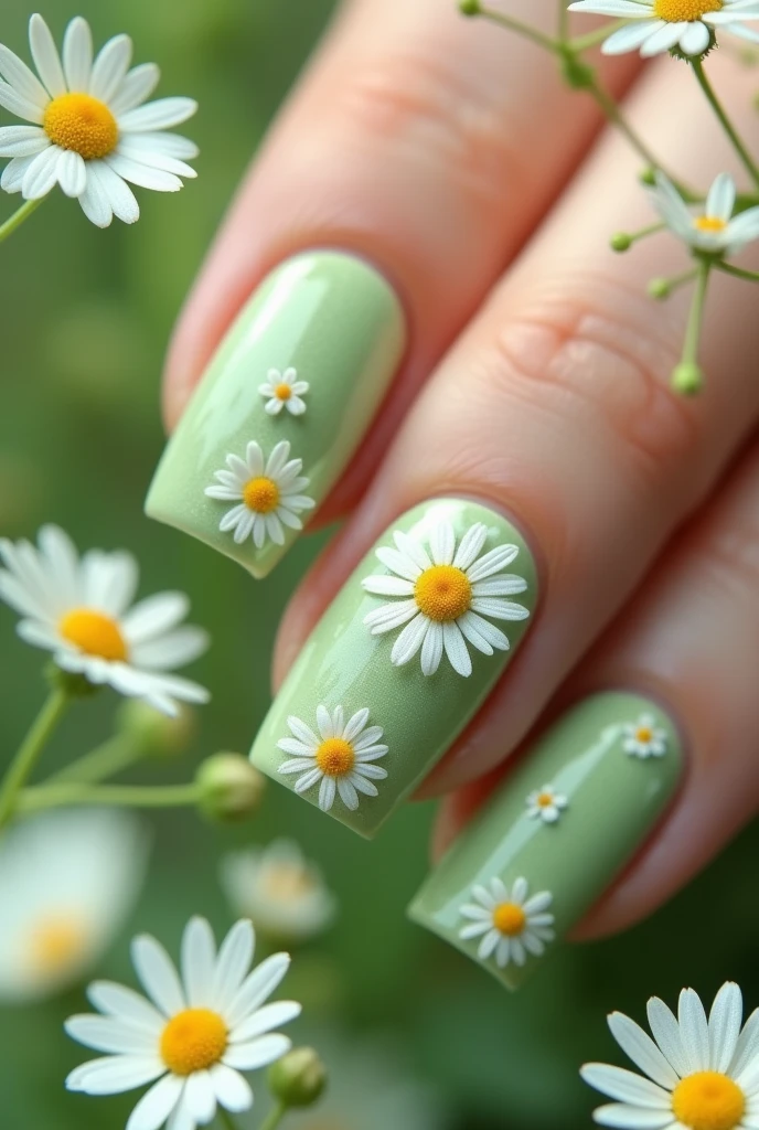 Green nails painted with daisies. 1,5 cm