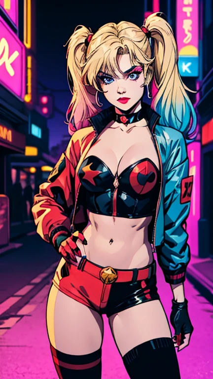 (1girl, harley quinn (rebirth)), (extremely detailed CG unit 8k wallpaper),(master part), (best quality), (ultra detail), (best illustration),(lora:80'sFusion:0.6), cowboy shot, (Sharp eyeliner, ombre, detailed eyes:1), midnight, neon light city background, ,break , (neon_pop art style), solo, twintails, shorts, jacket, blonde hair, multicolored hair, gloves, makeup, breasts, fingerless gloves, navel, blue eyes, midriff, lipstick, pink hair, sneakers, shoes, knee pads, short shorts, cleavage, gradient hair, colored skin, over-kneehighs, pale skin, choker, medium breasts, open jacket, thighhighs, nail polish, white skin, red nails, asymmetrical legwear, crop top, straight-on,