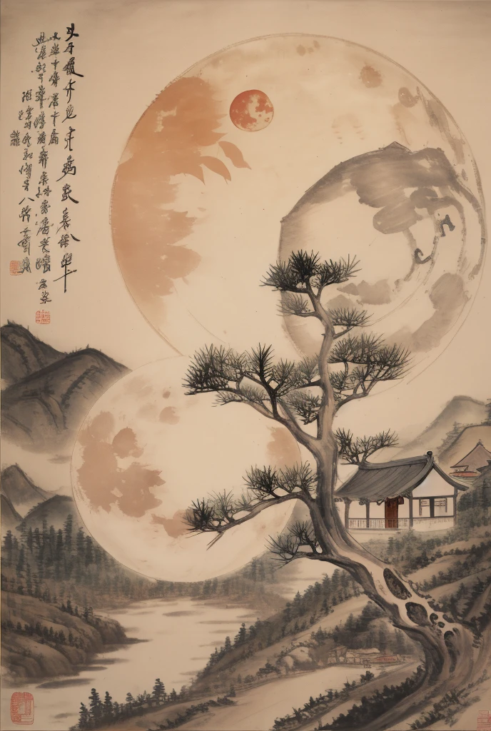 Chinese landscape painting, Mid-Autumn Festival, large moon, detail view, there is a pine tree and a house.

