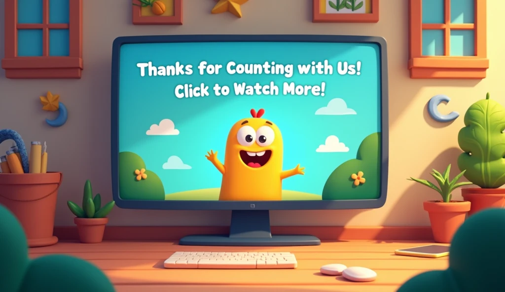 Design an interactive closing screen where children can engage with the content. Include a playful character or animated object thanking the viewers and inviting them to watch more videos. Use elements like clickable buttons or arrows to direct them to other related content or activities, with a message such as ‘Thanks for Counting with Us! Click to Watch More!’”
Farewell Scene