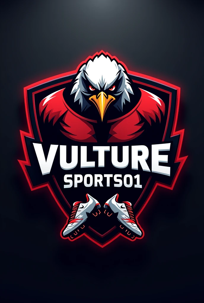 A football-themed logo designed like a team crest. The central shield features the name 'Vulture_sports01' with bold, modern typography. On either side of the shield, there are football jerseys, stylized as if hanging in a locker room, one on the left and one on the right. Below the shield, two football boots are crossed, adding a dynamic element. The color scheme includes deep reds, blacks, and whites, creating a sleek and sporty look, Make this image with a vulture behind the shield with an angry face, make it in 3D and with lighting with some reflections as if it were in resin