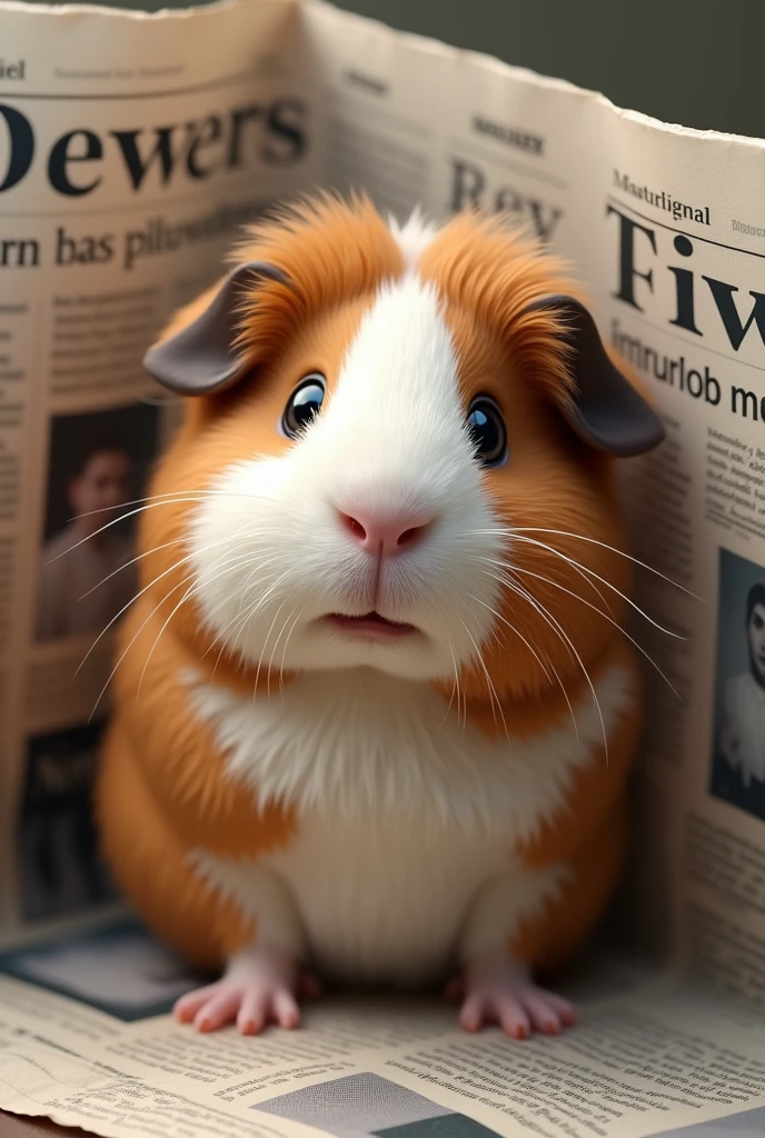 A guinea pig in front of a newspaper as a background