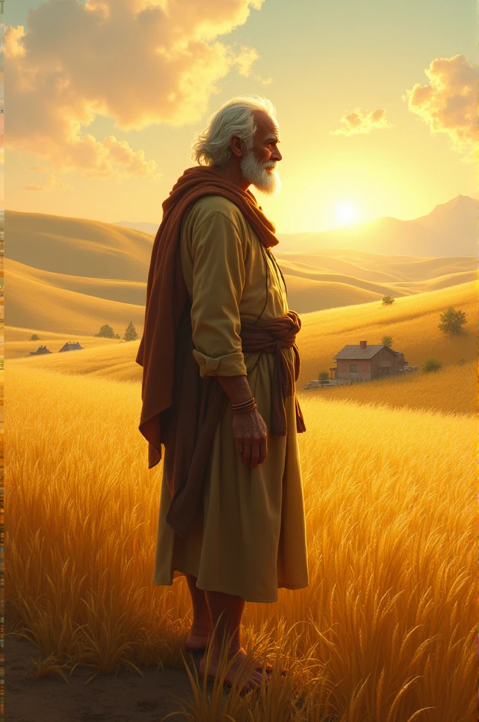 "An old man named Babu, with weathered skin and white hair, standing at the edge of a vast, golden field, with a small, quiet village in the background."