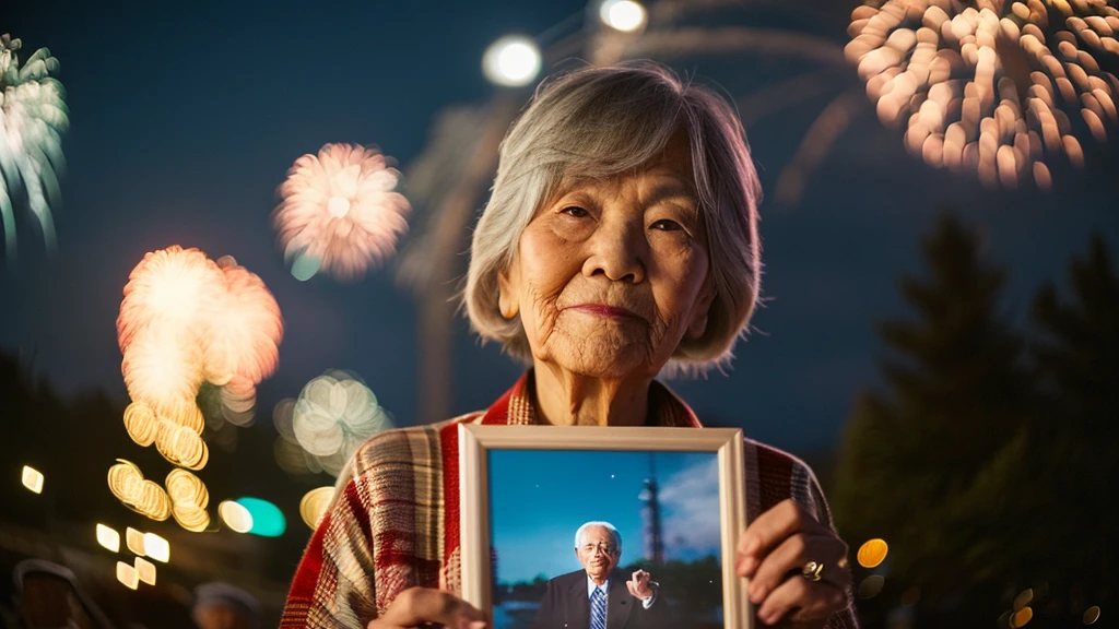 A Japanese grandma holding a portrait of grandpa. I wonder if she was watching the fireworks him in heaven.