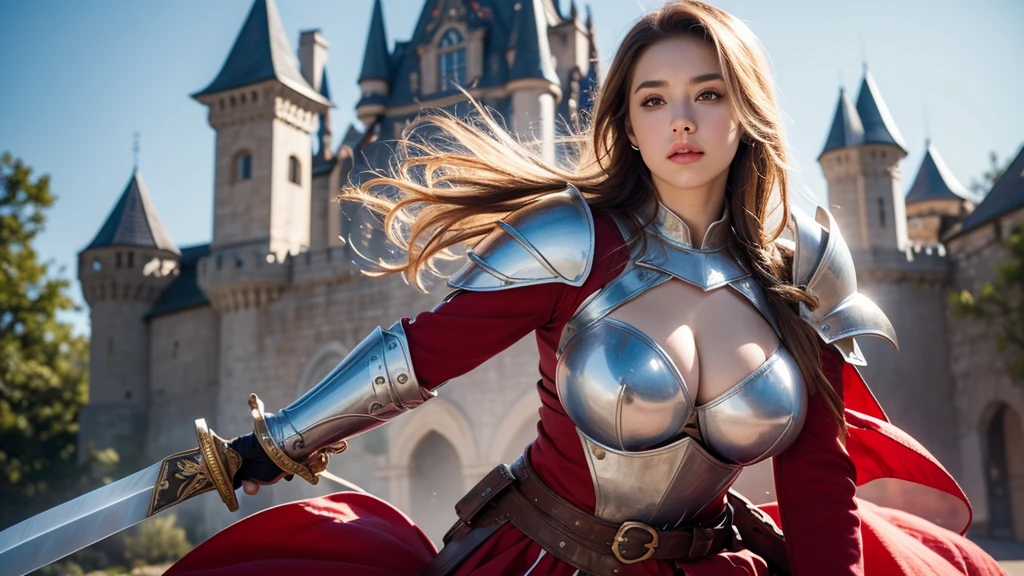 (8k, Highest quality:1.2)、(((One Woman)))、masterpiece, Beautiful Knight, (Attractive American Model),(( Red and white outfit))、((Plate armor with attention to detail)), (Strong muscular body),(Powerful arms)、 (Light blonde hair), Braiding、Disheveled Hair、 (High fantasy battlefield environment), (Troops fighting in the background), (((Holding a sword))), (Knight's Sword)、 High resolution, (Skin Texture:1.1), ((up))、Highest quality, 超High resolution, (Realistic: 1.4), RAW Photos, By Ellen von Unwerth, Nikon D850 film stock photos, 1 1 1.6 Lenses, Rich colors, Bokeh, Sharp focus, Realistic, Cinestill 800, Backlight, Rim Light, Strong sunlight, Realistic, Realistic Shadow, 3d, (Castle Background:1.2),Hair blowing in the wind、whole body、 (Ancient fantasy soldiers),(Ancient soldier armor),Combat Accessories,breastplate、((Long skirt))、Voluminous lips、((Big Breasts))、((Large Breasts))、Cleavage、((Perfect Face))、Big eyes、Delicate eyes、Armor that fits snugly to the body、Looking into the camera、belt、Armor with intricate patterns、Upper Body、knight armor、Delicate hands、Knee-high boots、