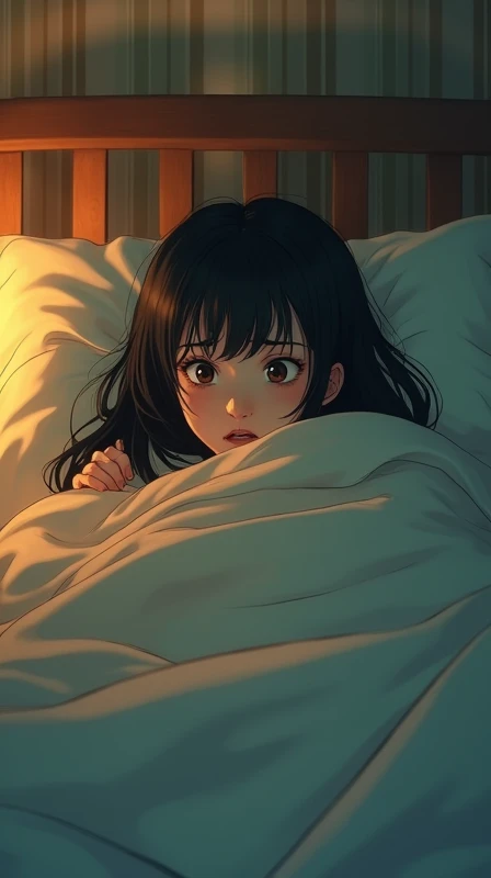 20th Generation、Cute sleeping pose、The room is cute.、A woman with a scared expression looking directly at the camera from inside the futon.、A chilling atmosphere