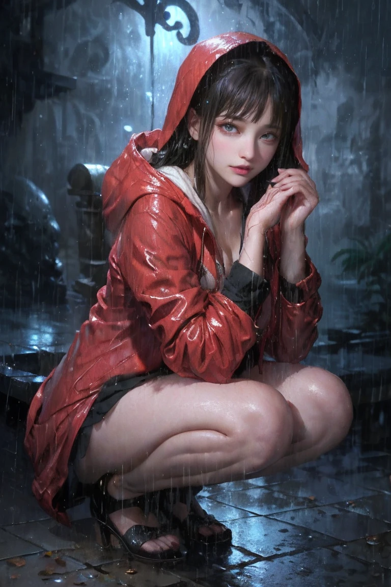 upper body,(masterpiece:1.2, best quality), (real picture, intricate details), (night, dark, downpour:1.4)
A young sad woman sitting in the alley crying and sobbing almost heart broken, the surroundings were silent, only the raindrops sprinkled on the tile eaves of the low houses near and far, making a slight rustling sound. In the cold rain, (1girl, red wet hooded jacket, sad, perfect eyes:1.2) squatting on the ground,