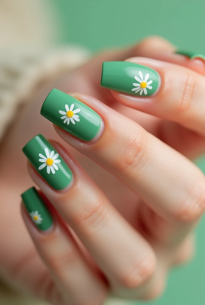 Green nails painted with daisies. 1,5 cm