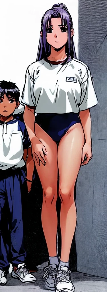 Momoko Koigakubo, with her beautiful legs, stands in a white gym uniform and light navy blue bloomers that look like panties.。A young boy in a tracksuit is standing next to Momoko Koigakubo and is being held by her.。