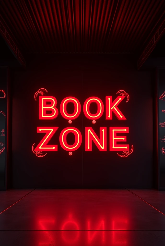 make the title "BOOK ZONE" in the cinema with a black background, the words "BOOK ZONE" are bright red, which is nice, there is a light, the writing has decorations
