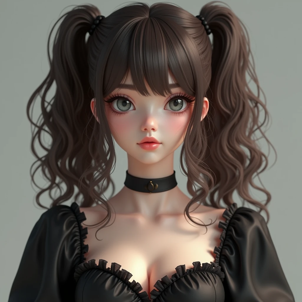 Brown Hair Perm twintails
Parallel eyes with gray pupils
Mature look
Large breasts
Dark clothing with frills and cute
Quiet girl