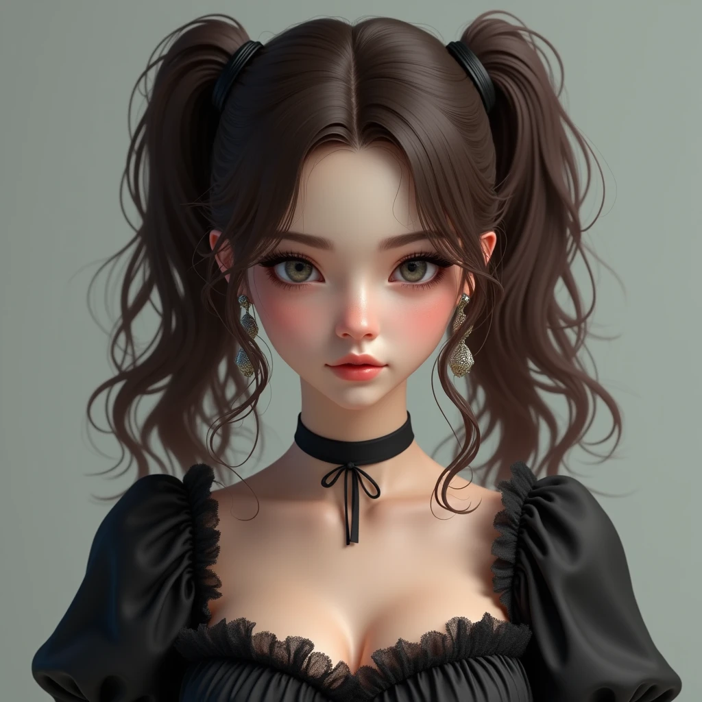 Brown Hair Perm twintails
Parallel eyes with gray pupils
Mature look
Large breasts
Dark clothing with frills and cute
Quiet girl