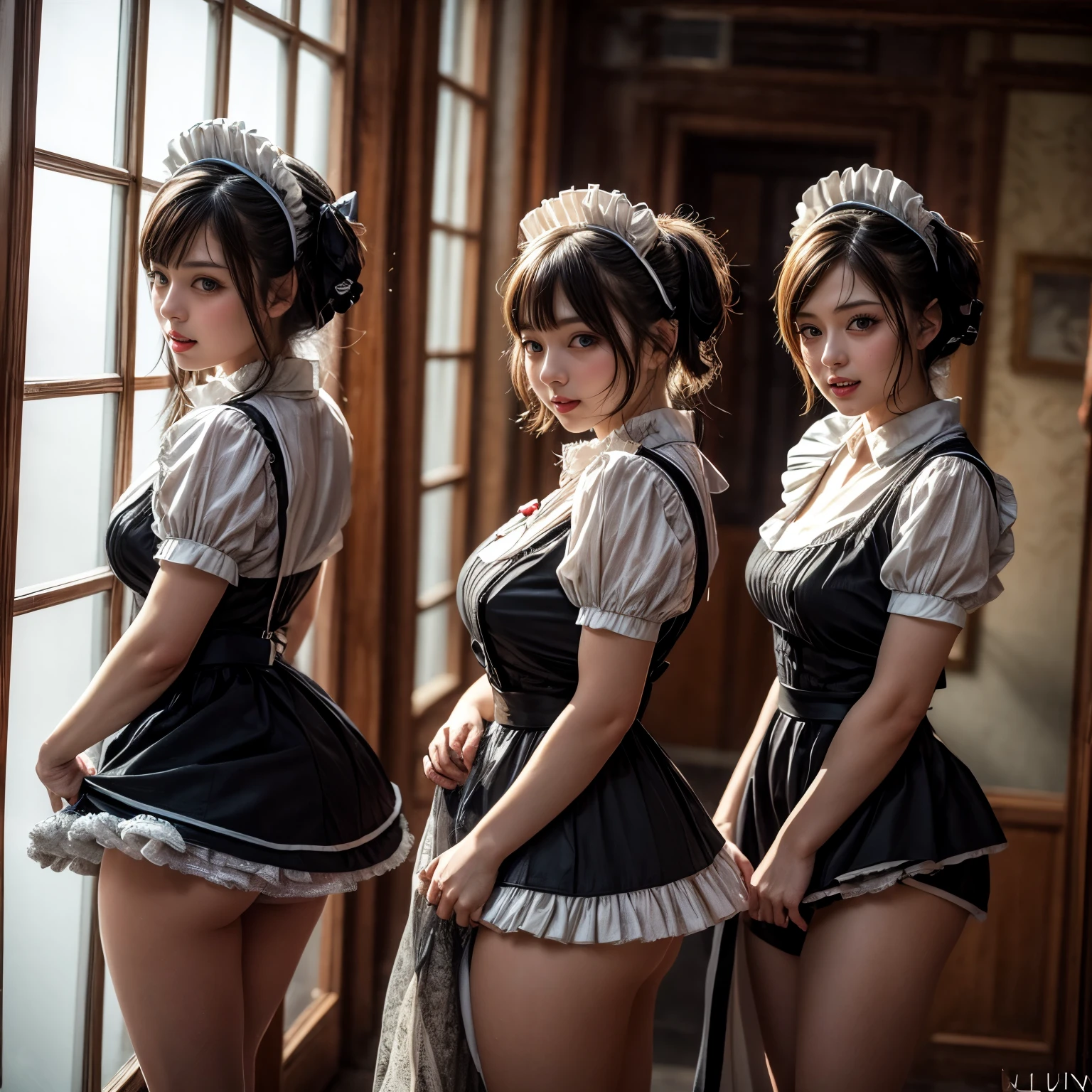 (Extremely Detailed((Kawaii Maid Group in a row:1.37))), Childish perfect face, Reflective Eyes, Detailed(Delicate Clothing textures), Dynamic Joyful Expressions LifeLike Rendering, (Specular Reflection:1.2), TopQuality 8K Ultra-detailed masterpiece (ProfessionalPhoto:1.37), (Acutance:0.8), (Luminism:1.28), (Renaissance art style), (Colorful Light particles:0.75), (Muscle:-0.5), ((Full body from side)), SkirtLift, glossy floor, Radiant Fine Skin with Transparency, (Exposed:0.4)