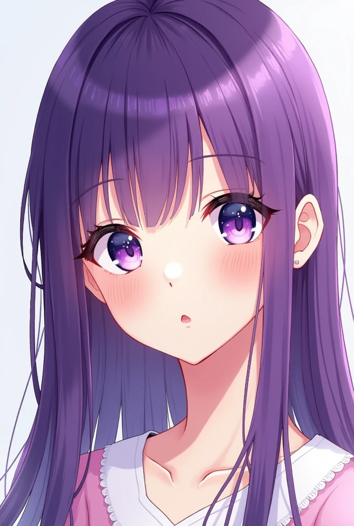 Girl with purple hair and purple eyes, but with bangs on her forehead and looking youthful, that's perfect. But I want her to look like a character from a Korean manhwa, not Japanese, and I want her hair to be straight, not wavy.