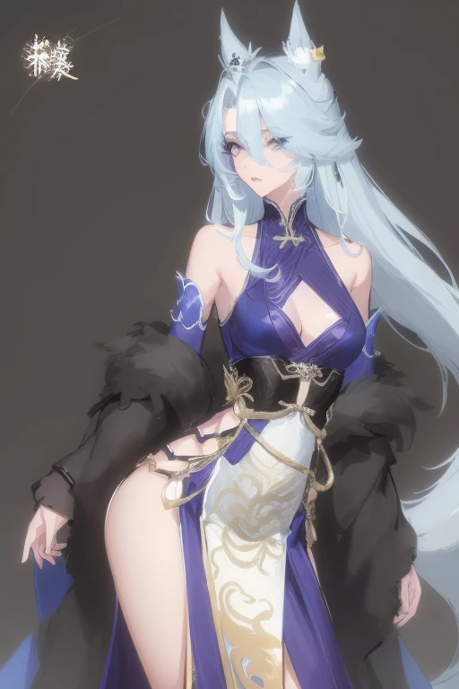 solo, (((masterpiece, best quality))) ,  (from side:0.95), shadow_lee, Li Dousha, panda_ears, bangs, bare_shoulders, blue_eyes, eyewear_on_head, hair_between_eyes, long_hair,  sunglasses, very_long_hair, 1girl, [white hair, streaked hair, blue hair],