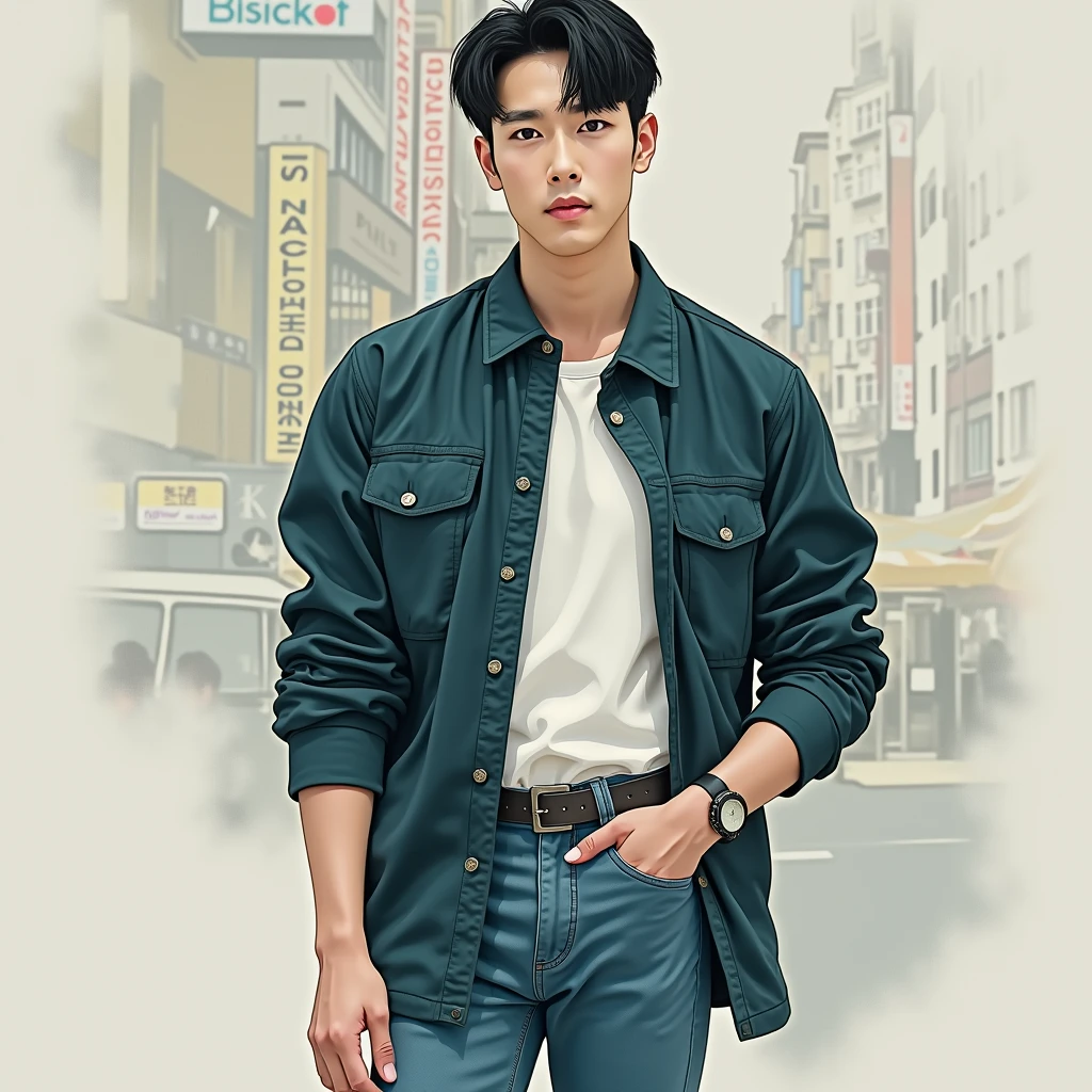 A Korean man standing in a street white shirt jeans pant and jacket, very Short hair, 1 inch hair, short Comma hairstyle