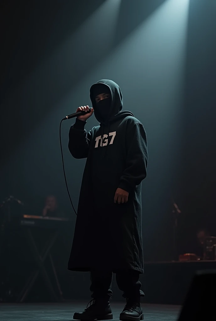 A young man holding a microphone wearing a long black hoodie and a balaclava,The blouse says TG7.