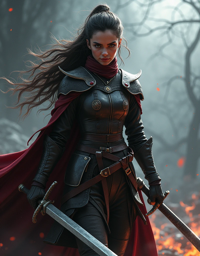(best quality,4k,8k,highres,masterpiece:1.2),ultra-detailed,(realistic,photorealistic,photo-realistic:1.37),sword-wielding,ferocious,brave warrior,girl with a brave and determined expression,Arya Stark from Game of Thrones,detailed facial features,expressive eyes,sharp nose,fierce eyes,beautiful face,flowing hair,fine clothing and armor, round deep navel,powerful stance,confident posture,misty background,hint of smoke,fierce battle scene,warrior in action,heroic aura,gritty texture,strong contrast,vivid colors,highlights and shadows,stark contrast between light and dark,moody feel,mysterious lighting,dramatic composition,splashes of red and black,dynamic movement,strong presence,unforgettable,portrait of resilience and strength.
