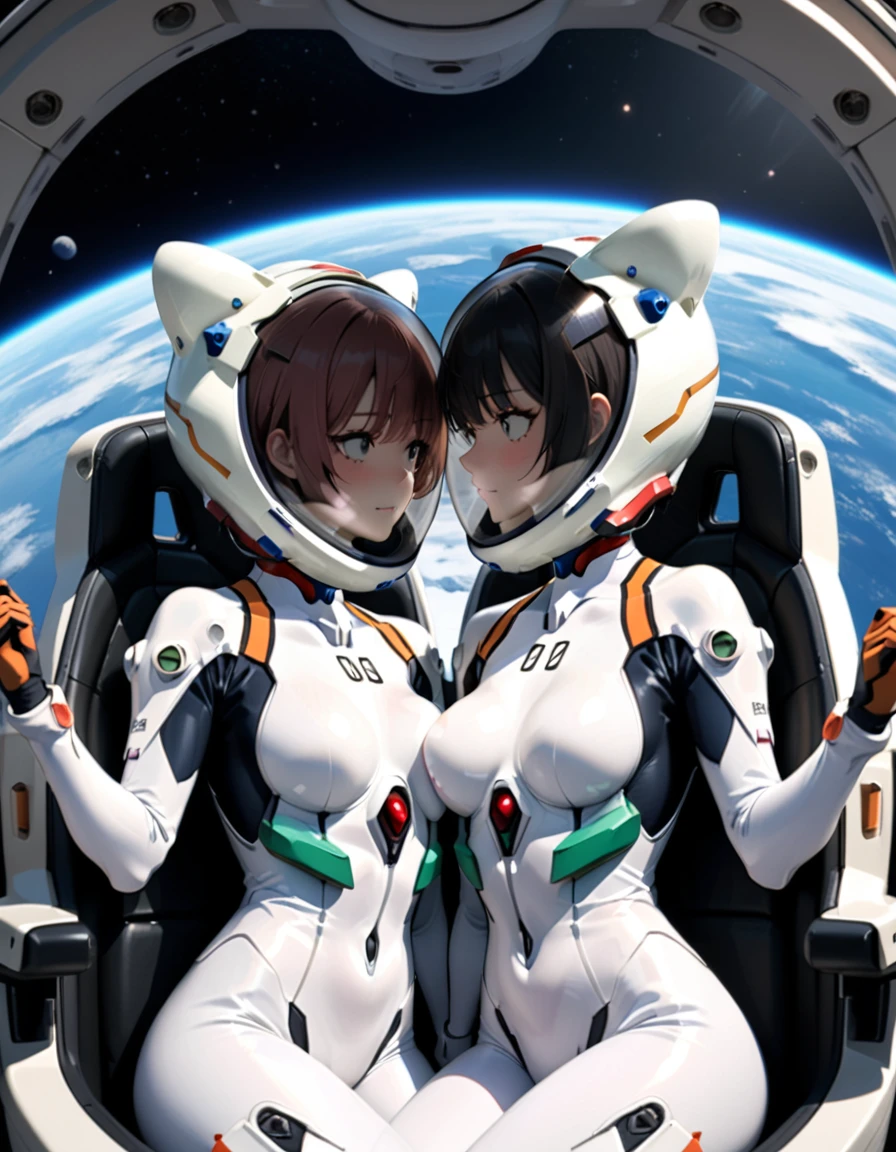 white bodysuit, plugsuit,evangelion,\ helmet, space helmet ,eva helmet,astronaut) brown hair, a pair of girls, very short hair, black hair, breast press, symmetrical docking, short hair, eye contact, looking at others, , upper body, face to face, ,(blushing), heavy breathing, sweat, woman , juice, completely , navel, buttocks, sitting, room, cocpit blushing, sweat, eye contact, space helmet, cockpit of a (futuristic spaceship:1.1), sitting in the captains chair, (intricate control panels:1.3), (gleaming metal:1.1), eva helm, spacesuit , astronaut), from above, pink hair, , space helmet,wearing a (spacesuit:1.15), white cargo pants, hovering, flying, moon surface, earth, floating pose, happy, smilebeautiful 8k wallpaper, highly advanced, (sleek design:1.3), intricate, highres, superb, 8k wallpaper, extremely detailed, intricate,(, cat ears, WHITE helmet, hug, smile,hugging, smiling, holding hands