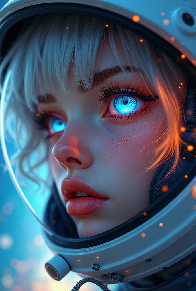 (Close-up of a better masterpiece:1.5)0.9], (Space and astronauts:1.2) (Messy silver hair:1.1) (Heterochromia xanthochromia and blue eyes:1.2) (Space Helmet:1.0) (Colored stars in the eyes:1.0) (A radiant glow:1.1) (thick lips:0.9)
