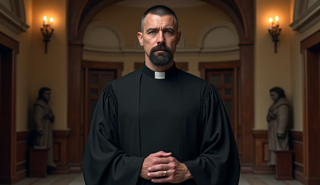 1 Middle-aged boys, full body version, blue eyes, Buzz cut, Black, bushy goatee，Black hair, Very serious expression, Priest Image， Black robe, Standing with hands behind back, facing forward, Noble Academy Scene