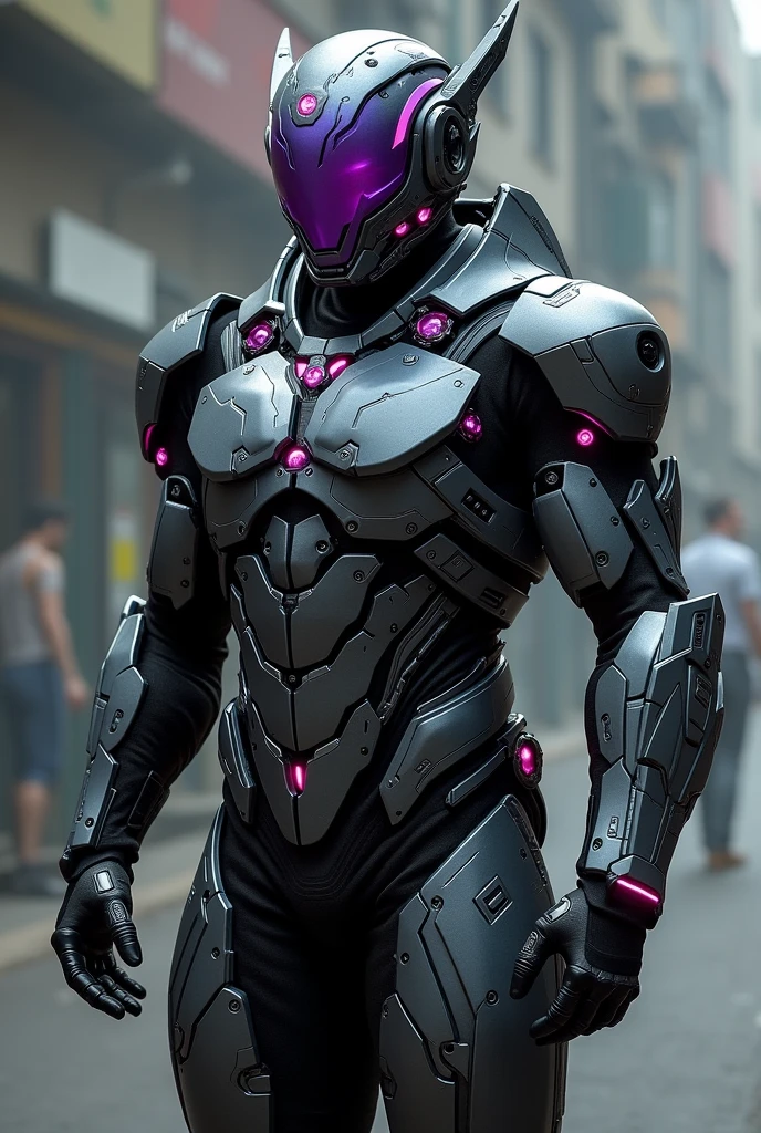 A futuristic cybernetic suit, Dark grey with dark touches and purple highlights, with small strips of black fabric, and a helmet to match the suit and a purple visor and little horns