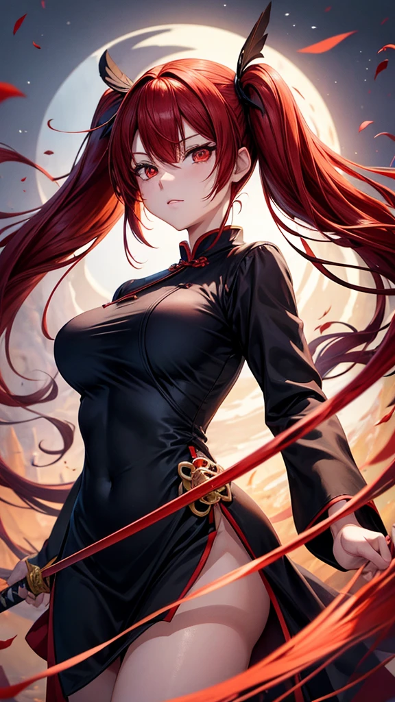 Woman, adult, long red hair, twin tails, red gliwing eyes, short black Chinese dress, large breasts, holding a katana