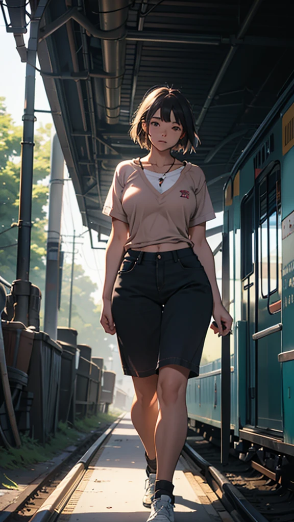 A young woman is walking on the train tracks in the middle of the forest. She is wearing short sexy clothes. Her hips are big. It is evening and it is sunny.