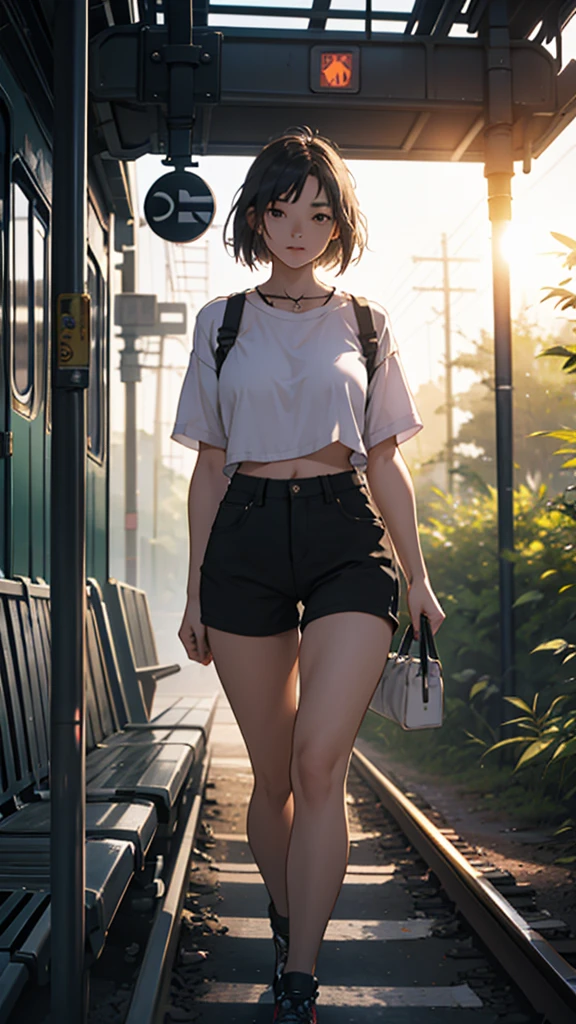 A young woman is walking on the train tracks in the middle of the forest. She is wearing short sexy clothes. Her hips are big. It is evening and it is sunny.