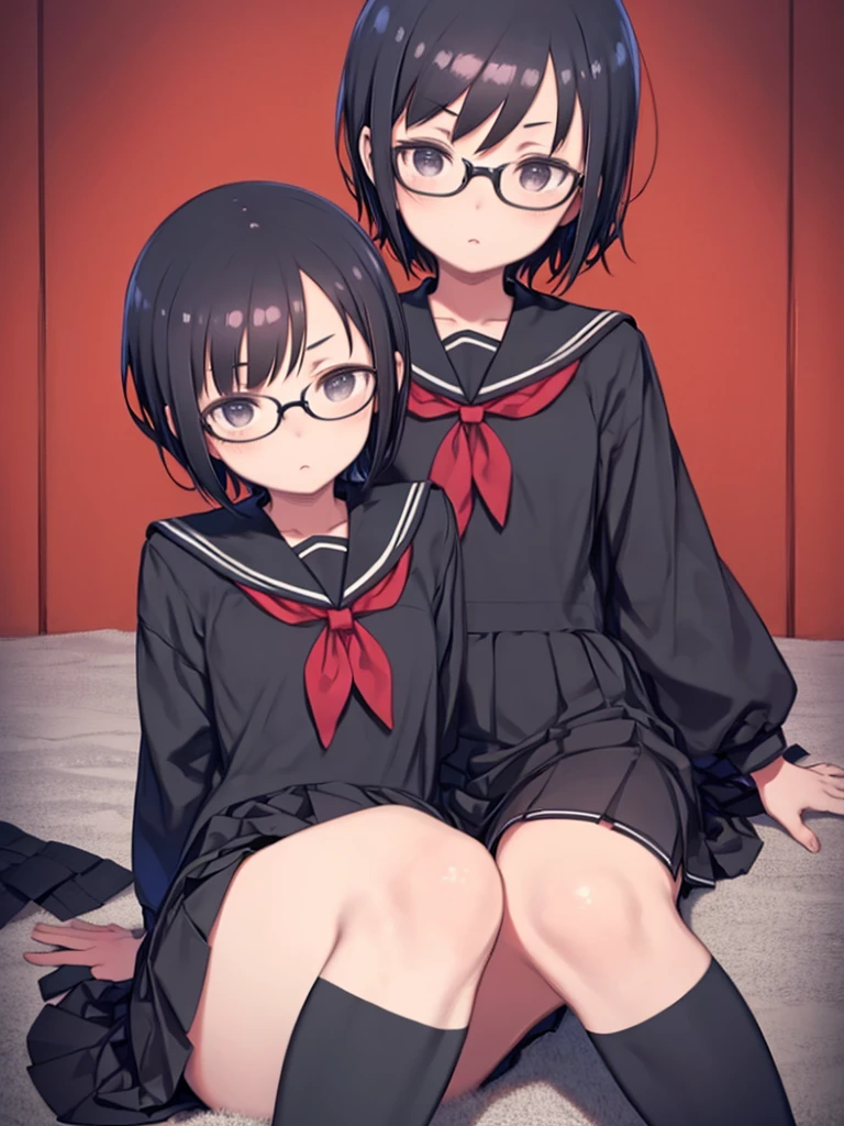 One person, Arm support, black_eye, black hair, freckles, Round Glasses, black kneehighs, black serafuku, short hair, Sitting, alone, Highest quality