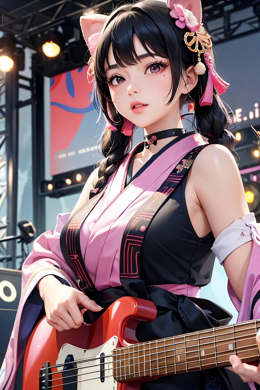 masterpiece, best quality, highly detailed, high resolution, expensive resolution, high resolution, 4k, 8k, Unity 8k wallpaper, highly detailed CG, masterpiece, 2d, 3d, beautiful details, depth, fine texture, best quality: 1.3, perfect focus, crispy skin, he, very cute anime girl, beautiful and cute girl in band playing bass guitar and singing in band wearing Japanese fancy patterned haori hakama on outdoor stage, full body, expensive black hair with pink inner short twin tail hair, mole under eye, looking at the viewer, expensive, blush, mole, open lips, , heart shaped choker, pink eyes, bass guitar, vocals, stage, outdoor festival stage