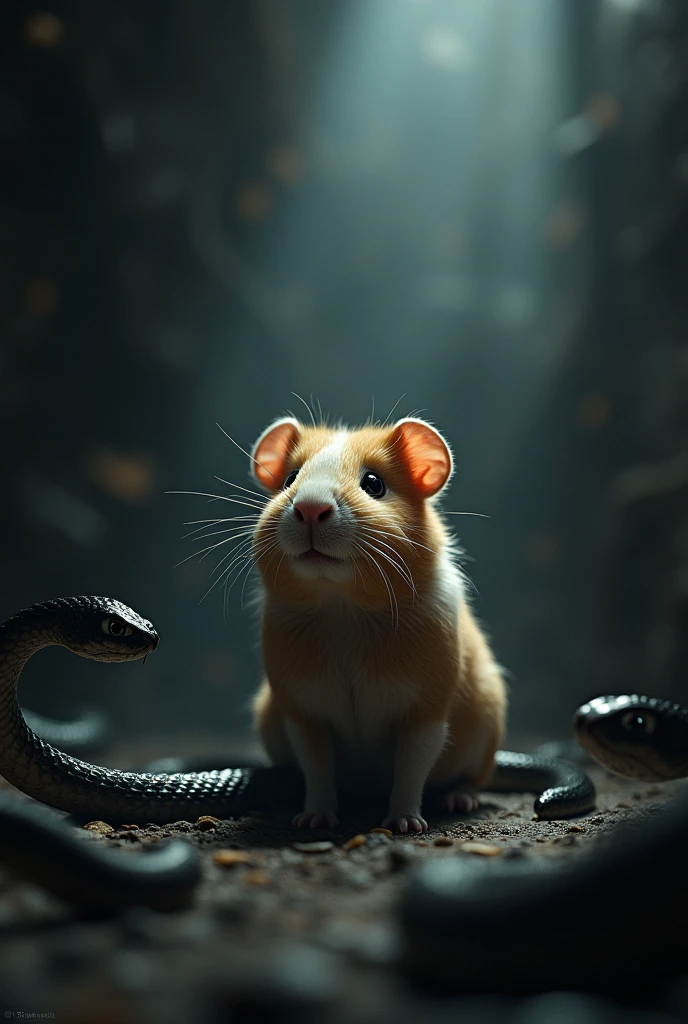 A guinea pig in front of a dark background with snakes