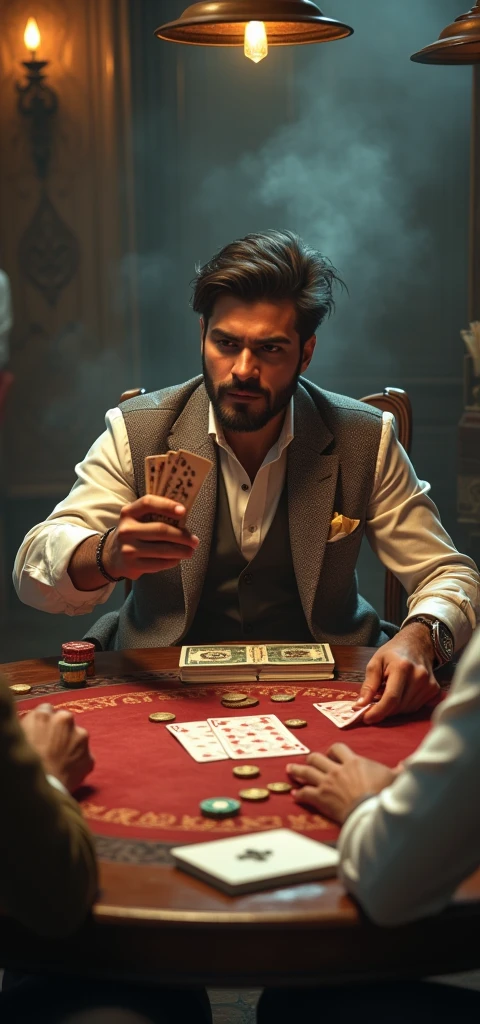 (best quality, high resolution, HDR, Practical), Bright colors, Extremely detailed description, (Concept Artist), A handsome Indian guy holds a vintage deck of cards in his left hand with an excited expression，Right hand takes out a card and plays it，Exaggerated dynamics，Fierce competition，Dramatic visuals，an antique Indian wooden table，Indian players wearing stylish vintage clothing, The impact of the background，Paper money coins chips，Old-fashioned playing cards, Smoky room, Dim Lights, Focused competition，(portrait:1.1) ，