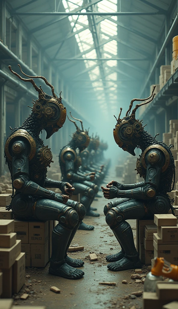 a group of creature with head made of gear fixing some metals and gears, warehouse, pastel colors, surreal atmosphere, dreamcore, raw photo, film grain, drone shot