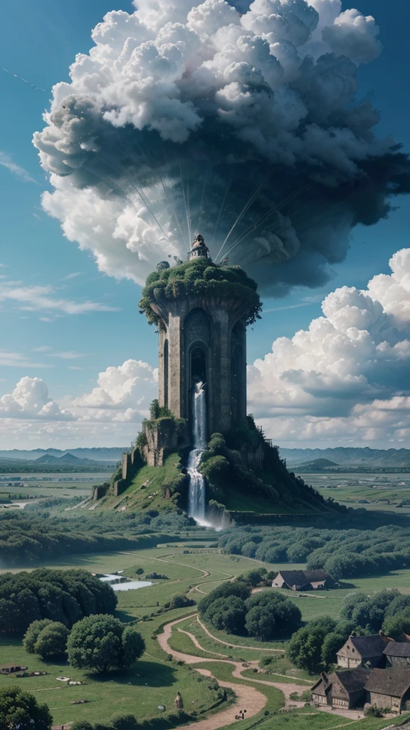 she is an ordinary girl, working on a farm. She lives in difficult times., These are the Dark Ages. , Crazy World, Floating islands, Cloud Lock, (Best quality:1.3), (a high resolution:1), (detailed:1.3), (Incredible:1.3), (ideal:1.3), (idealion:1.3), (Volume Cover:0), (illustration:1.3), Art of Studio Ghibli