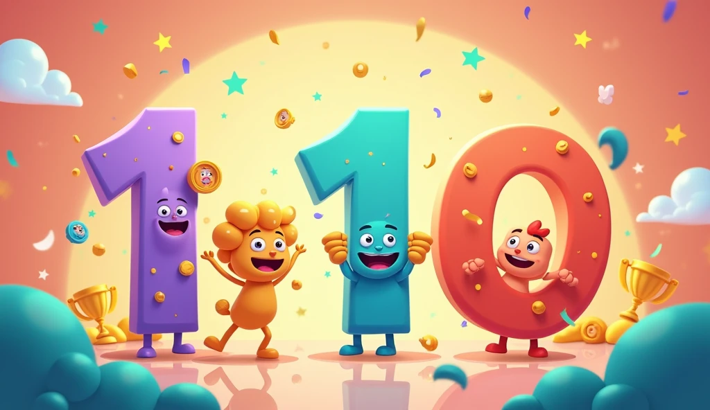 Create a closing screen that highlights the achievement of counting from 1 to 10. Show a visual display of the numbers 1 through 10 in a fun, animated style, with a congratulatory message like ‘You Did It!’ or ‘Counting Champions!’ Add elements such as stars or trophies to emphasize success and make it feel rewarding.”
